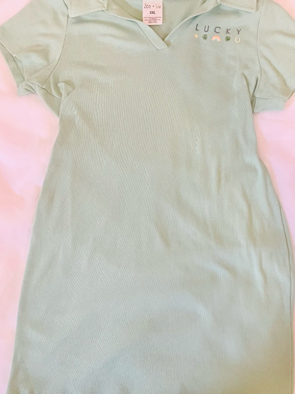NWOT Zoe + Liv Lucky Ribbed Polo Dress XXL Sage Green Embroidered Shirt Dress